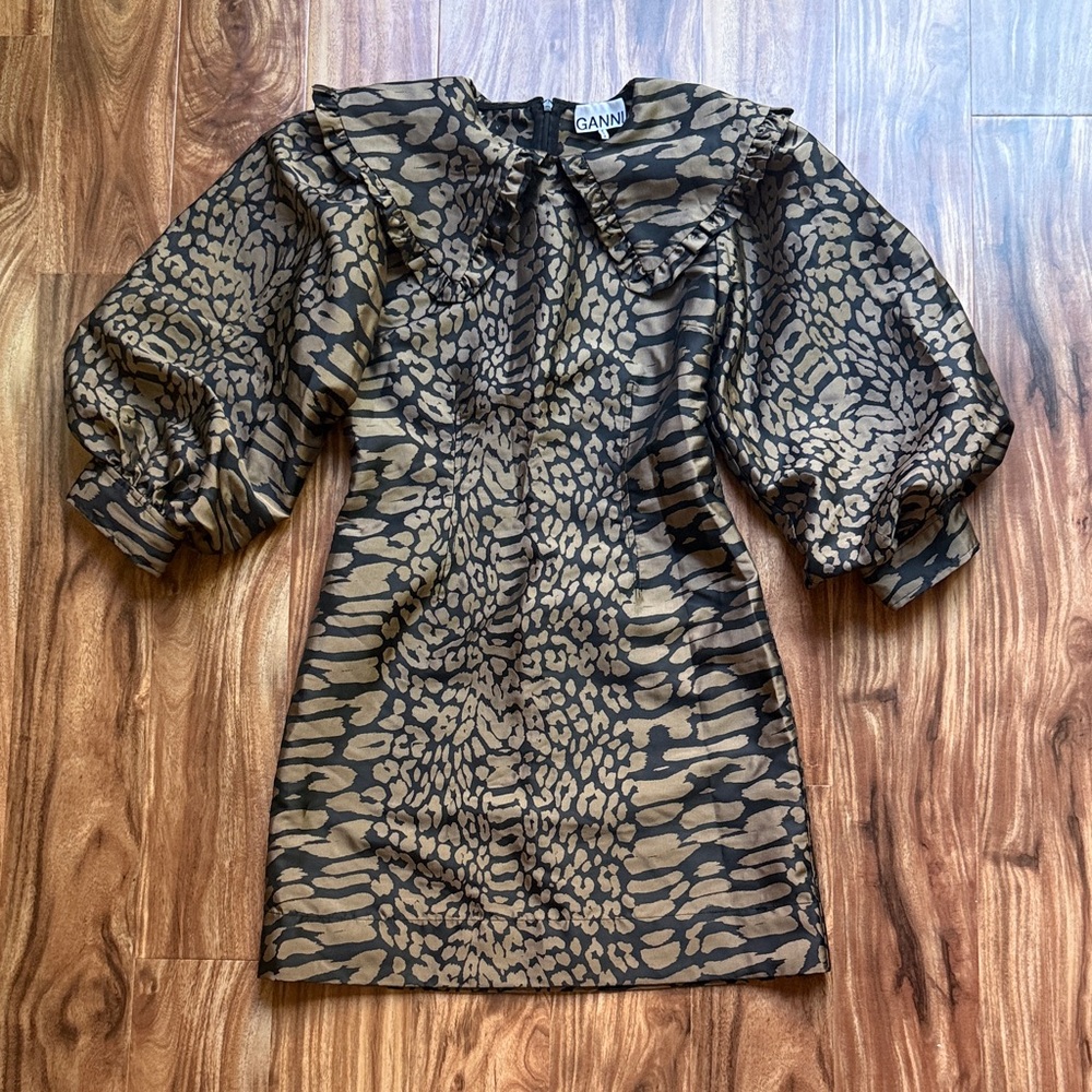 Ganni Black Golden Brown Jacquard Animal Print Collared Puff Sleeve Dress 6 - Picture 2 of 10